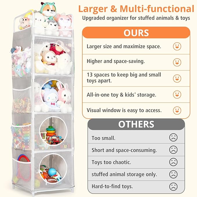 Stuffed Animal Storage, 5 Tier - 8 Side Pockets Toy Storage Organizer, 63.8" Space-Saving Corner Storage for Kids' Bedroom & Playroom, Grey