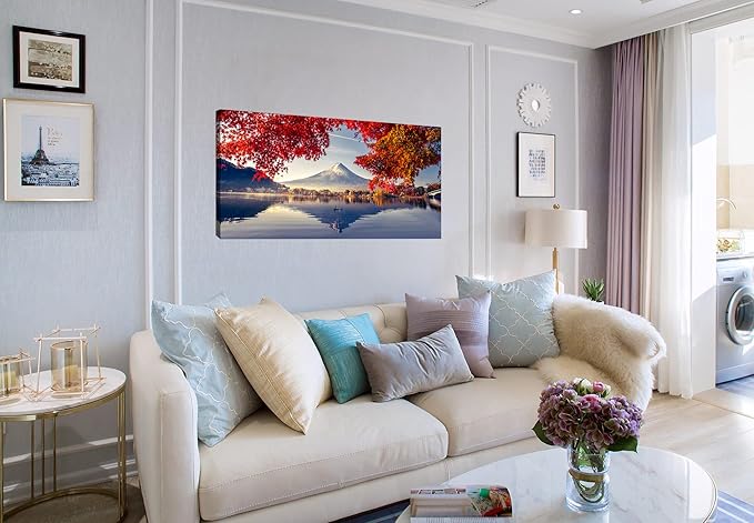 Canvas Prints Mountain Fuji with Morning Fog and red Leaves at Lake Kawaguchiko Nature Picture Wall Art Framed Artwork for Living Room Bedroom Kitchen Home and Office Wall Decor