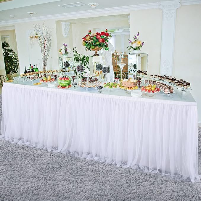 2 Pack 6ft White Tulle Table Skirts for wedding Bridal Shower White Ruffle Tutu Tablecloth for Baby Shower Birthday Party Banquet Baptism Cake Dessert Table Decorations