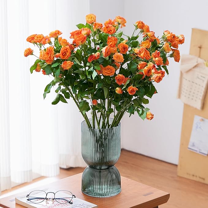 7.5 Inch Glass Hourglass Vase - Green Ribbed Bud Flower Vases for Floating Candles, Centerpieces, Wedding Reception Decor - Hurricane Candle Holder for Home Decor, Housewarming Gift