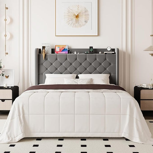 Allewie Full Size Bed Frame, Storage Headboard with Charging Station, Wingback Velvet Upholstered, Diamond Stitched Button Tufted, Sturdy Wooden Slats, No Box Spring Needed, Easy Assembly, Grey