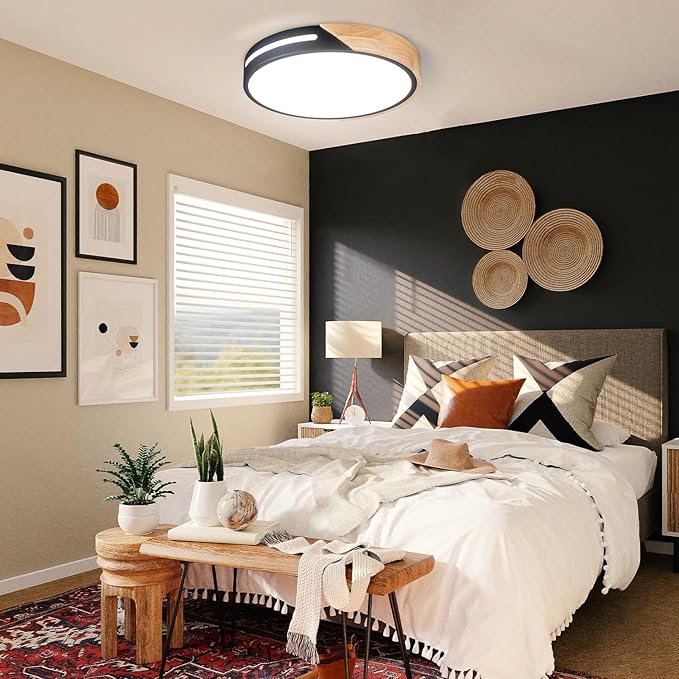 Black and Wood Flush Mount Ceiling Light Fixture Set of 2, Dimmable LED Ceiling Light Black, Modern Light Fixture Ceiling Mount for Bedroom, Living Room, Kitchen, Bathroom, Hallway