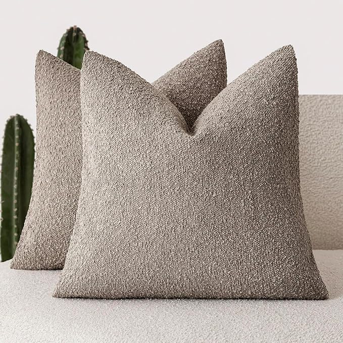 Foindtower Set of 2, Decorative Textured Boucle Throw Pillow Covers Accent Solid Pillow Cases Neutral Soft Cozy Couch Cushion Case for Chair Sofa Bedroom Living Room Home Decor 26x26 Inch Light Taupe