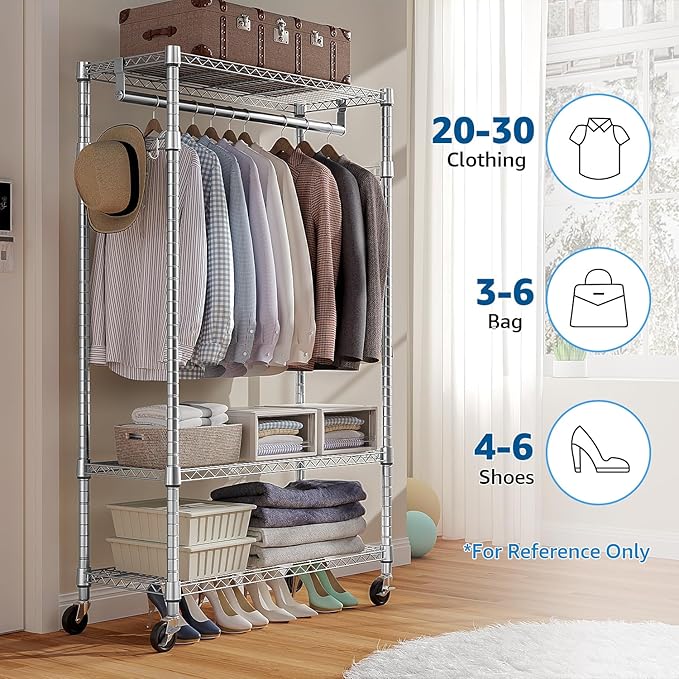 Heavy Duty Rolling Garment Rack 3 Tiers Adjustable Wire Shelving Clothes Rack with Rods and Side Hooks,Storage Closet Clothing Rack with Wheels Chrome 15.7" D x 29.5" W x 74.5" H