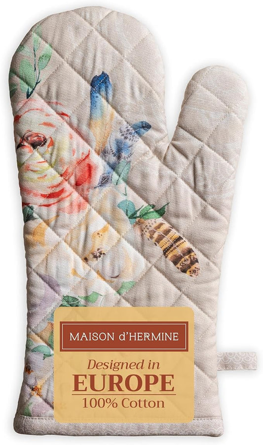 Maison d' Hermine Oven Gloves 100% Cotton Oven Mitt 7" x 13" with Loop Heat Resistant, BBQ, Cooking Gloves, Baking, Grilling, Kitchen, Handling Hot Pans Spring/Summer (Pack of 1, Ibiza - Beige)