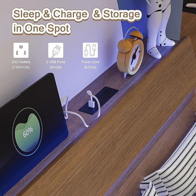 Twin Bed Frames with LED Light and Charging Station, Floating Wooden Bed Frame, Heavy Duty Metal Slats, No Box Spring Needed, Noise Free, Easy Assembly, Walnut