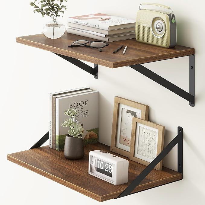 Fun Memories 18" W x12 D Floating Shelves, Farmhouse Wall Shelves Home Decor Shelf, Deep Bathroom Shelf with Bracket, 12 Inch Deep Wall Shelves for Living Room, Kitchen, Bedroom, Walnut, Set of 2