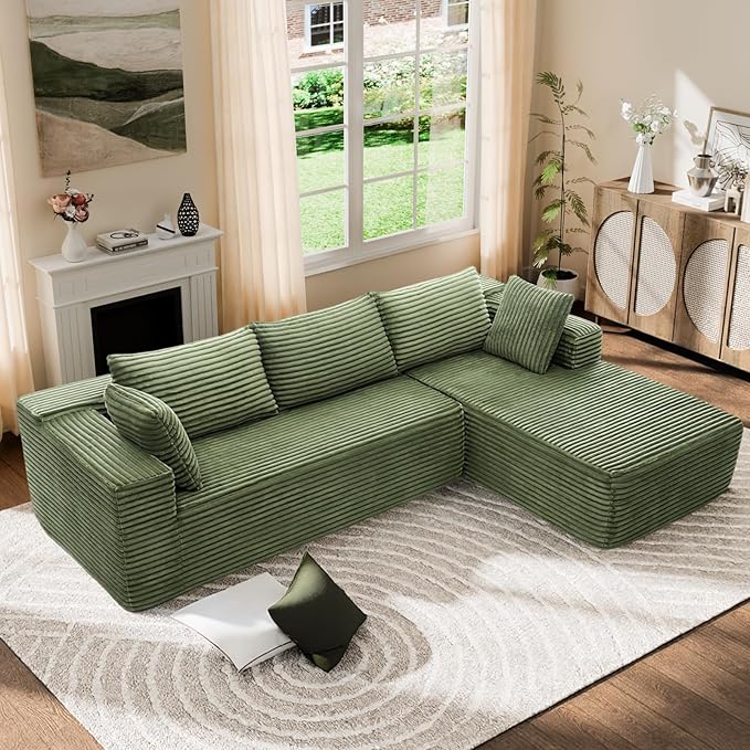 Modern Cloud Modular Sectional Sofa with Chaise, 106" L-Shaped Sofa Couch for Living Room, Deep Seat Plush Boneless Couches, Includes Pillows, Left Chaise, Green