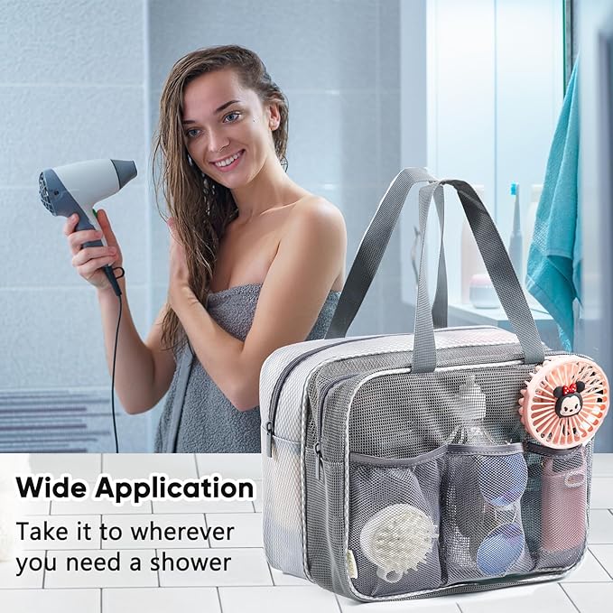 Large Mesh Shower Caddy with Wet & Dry Zones – Portable Hanging Toiletry Bag for College Dorm Room Essentials, Travel, Gym, Camping, Beach Tote Bag – Quick-Dry Shower Tote Organizer