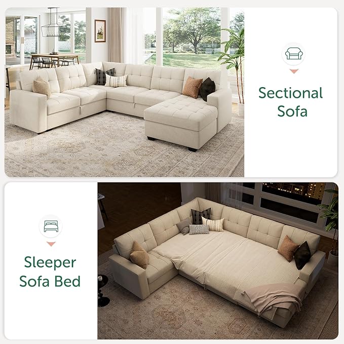 HONBAY Sectional Sleeper Sofa Pull Out Couch, U Shaped Sectional Couch with Storage Chaise, Sofa Bed for Living Room, Beige