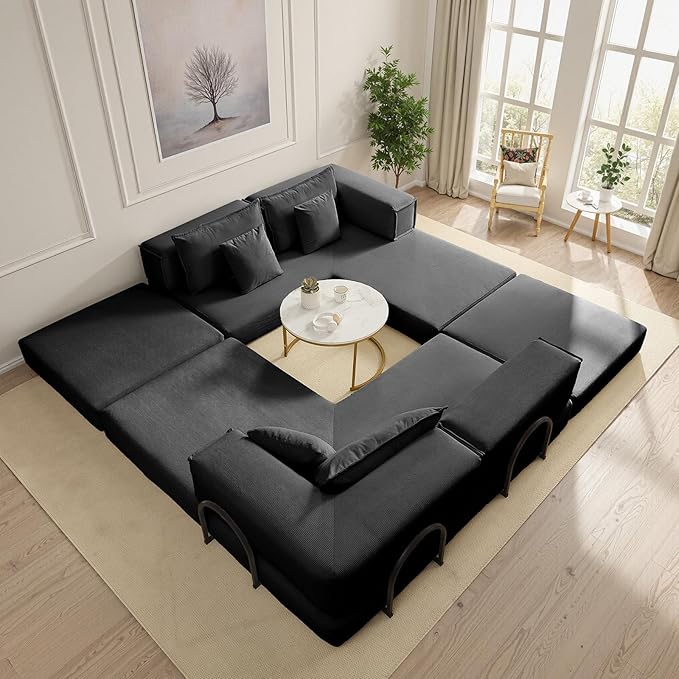 Rovibek 118" 5-in-1 Memory Foam Boneless Sectional Couch, Modular Convertible Sleeper Sofa Bed, Full Size No Assembly Required DIY Combination, Oversized Lazy Sofa with Fixed Frame Black