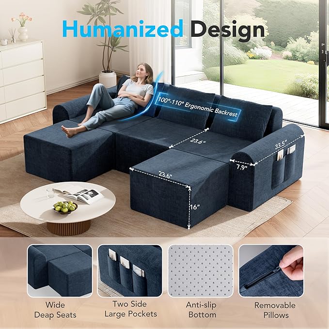 86.6” Cloud Boneless Sectional Sofa for Living Room, 3-Seater Modular Couch for Small Apartments with 2 Ottomans, Deep Seat Chenille Fabric Sofa, No Assembly Required, 72H Full Restore, Blue