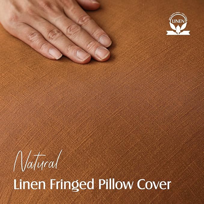 Foindtower Set of 2 Decorative Linen Fringe Throw Pillow Covers Cozy Boho Farmhouse Cushion Cover with Tassels Soft Accent Pillowcase for Couch Sofa Bed Living Room Home Decor, 26×26 Inch, Orange