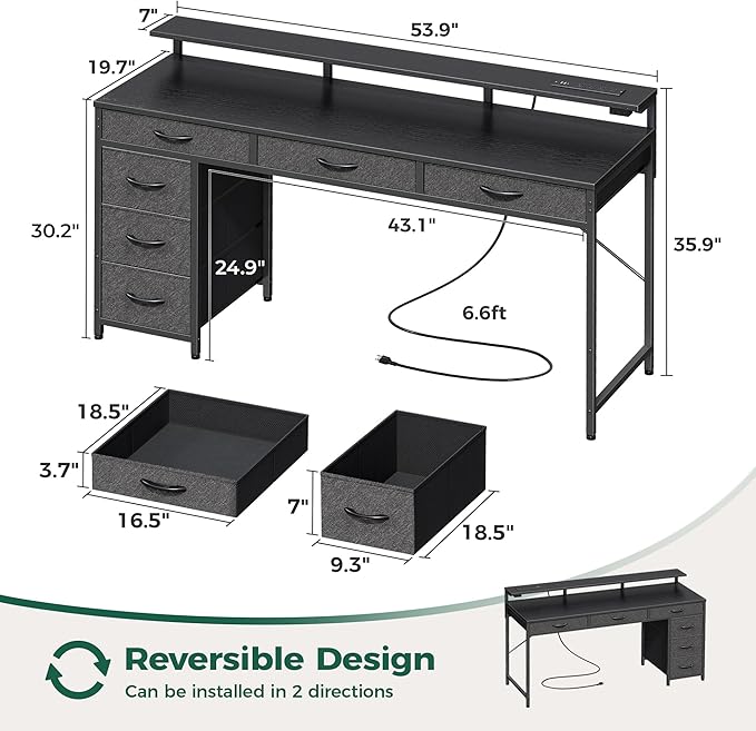 Huuger Gaming Desk with 6 Drawers, Computer Desk with LED Lights Power Outlets and Type-C, 55 Inch Office Desk with Storage, Monitor Stand, Writing Desk Work Desk Home Office, Bedroom, Study, Black