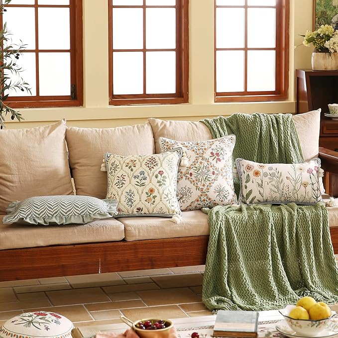 Design Linen Throw Pillow Covers 12"x20" Pack of 2, Lumbar Farmhouse Cushion Covers with Yellow Purple Watercolor Wildflower Pattern Decor Pillowcases for Bed,Living Room,Outdoor,Car