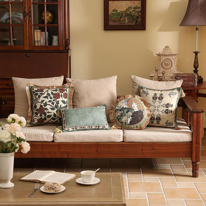 patdrea Designer Throw Pillow Covers Set of 2,French Elegant Green Linen with Rose and Animal Floral Pattern Pillow Covers,Decorative Square Pillowcases Cushion for Bed Living Room Outdoor,18"x18"