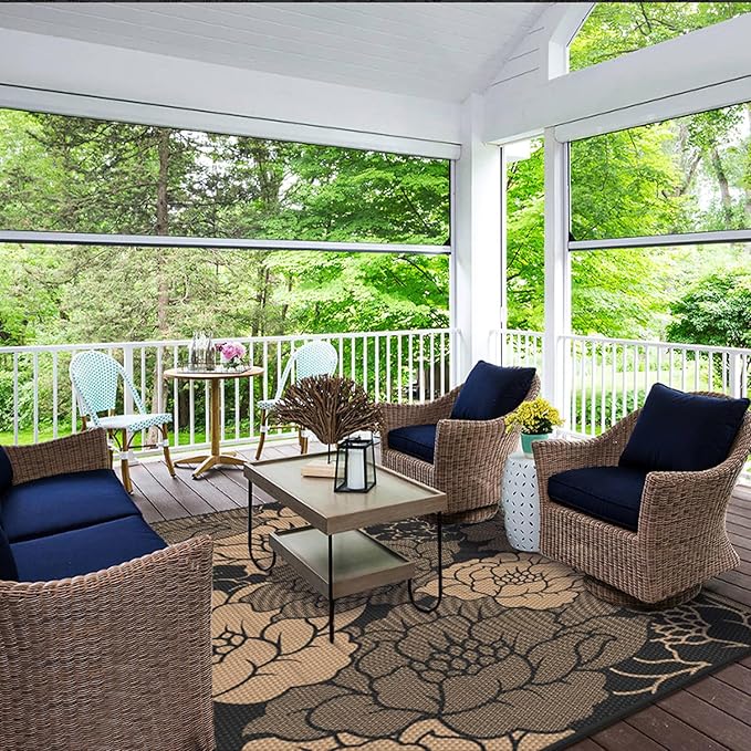 GENIMO Outdoor Rug Waterproof for Patio Decor, 6' x 9' Reversible Plastic Straw Floral Camping Carpet, Large Area Rugs Mats for RV, Camper, Deck, Balcony, Porch, Beach, Picnic, Mix-Black & Brown