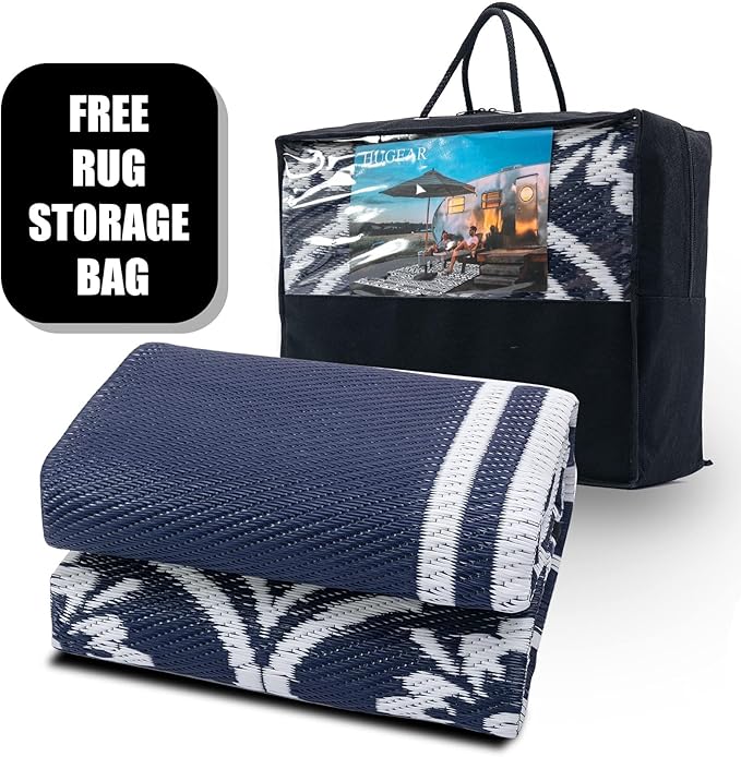 Outdoor Patio Rug 5'x8' Waterproof Outside Area Rugs Blue Reversible Plastic Straw Carpet for RV Deck Camping Entryance Porch Picnic Balcony Beach
