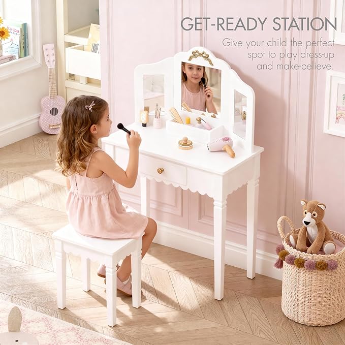 Spirich Pretend Play Kids Vanity Set with Mirror and Stool, Kids Make Up Vanity Desk for Little Girls, Children Makeup Dressing Table with Drawer