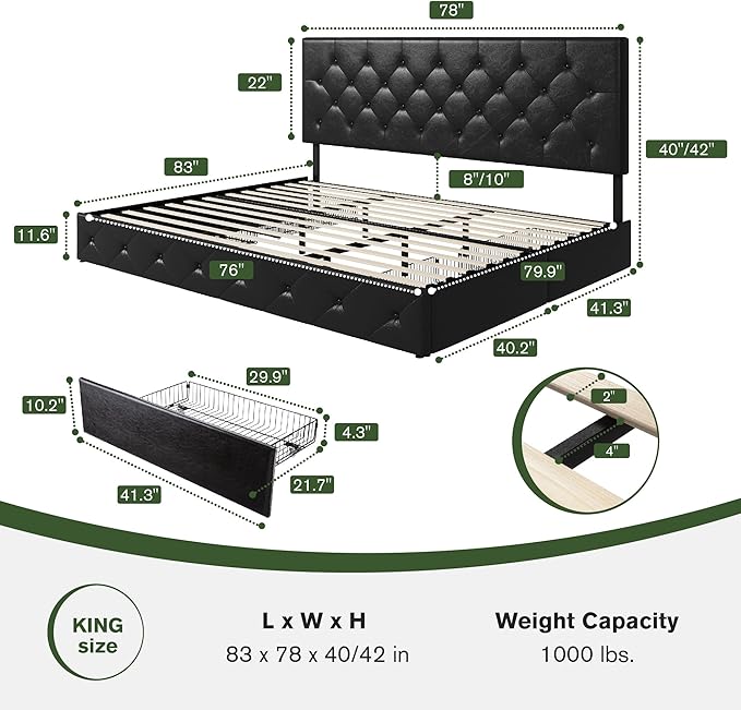 MUTICOR King Size Bed Frame with 4 Storage Drawers, Upholstered Platform Bed with Button Tufted Adjustable Headboard, No Box Spring Needed, Easy Assembly, Diamond Tufted, Black Leather