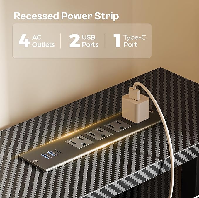 Huuger 47 inch Computer Desk with 4 Drawers, Gaming Desk with LED Lights & Power Outlets, Home Office Desk with Large Storage Space for Bedroom, Work from Home, Carbon Fibre Black