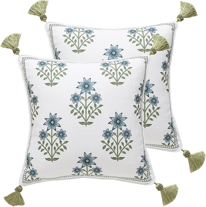 Design Fresh Linen Square Throw Pillow Covers 18"x18" Pack of 2, French White Cottage Cushion Covers with Blue Floral Branches Pattern Decor Pillowcases for Bed,Living Room,Outdoor,Car