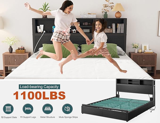 EnHomee Queen Bed Frame with 6 Storage Drawers Queen Size Bed Frame with Headboard, Storage Bed with Charging Station, No Noise,No Box Springs Needed,Black