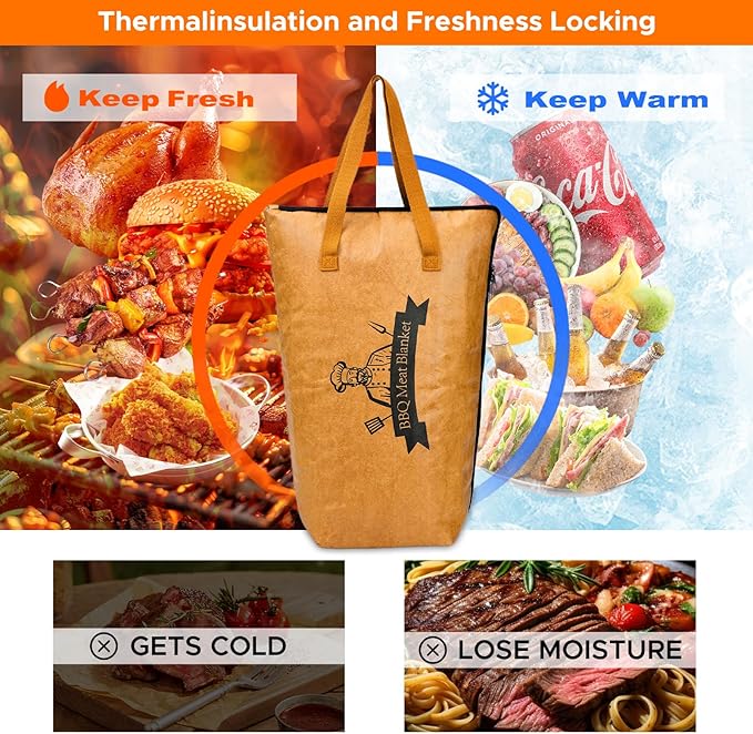 Reusable BBQ Blanket for Resting Meat - Insulated Smoker Grilling Bag with Wide Mouth for Large Brisket Pork Shoulders, and Turkeys Perfect BBQ Accessory & Gift for Men (15in)