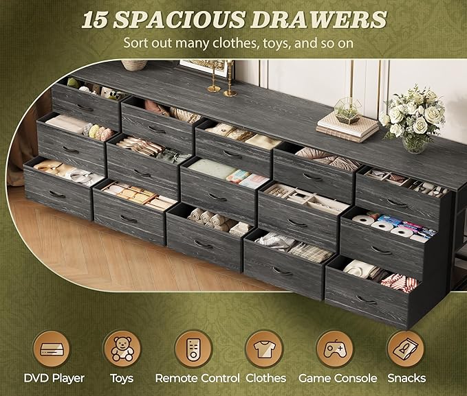 Huuger 78.7 inch Long Dresser for Bedroom, 15 Drawer Fabric Dresser for Closet, Large TV Stand for 65, 75, 85 inch TV, Wide Chest of Drawer with Storage, 78.7" W x 12.9" D x 26.7" H, Charcoal Black