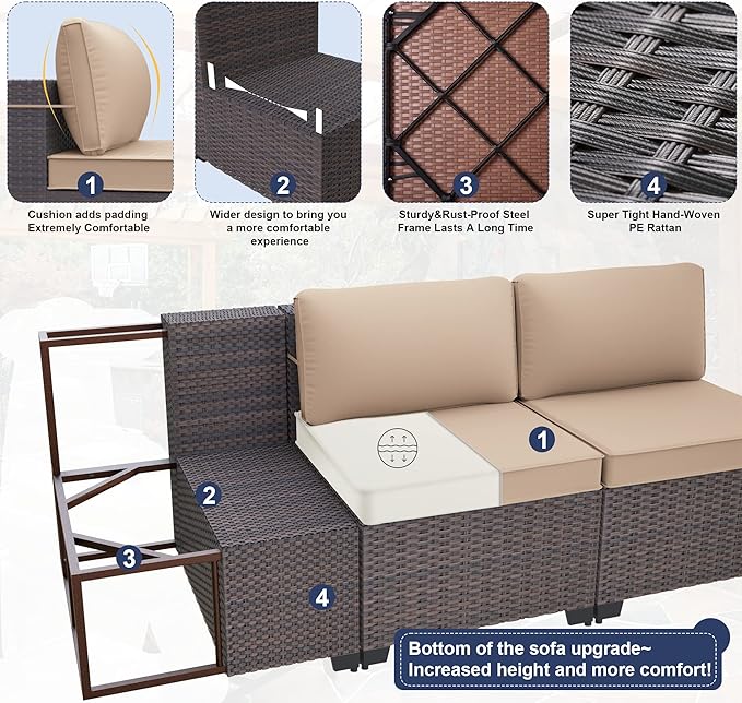 Kurapika 9 Pieces Patio Furniture Set, Rattan Wicker Outdoor Conversation Sets w/4 Inch Cushion and Glass Coffee Table(Sand)