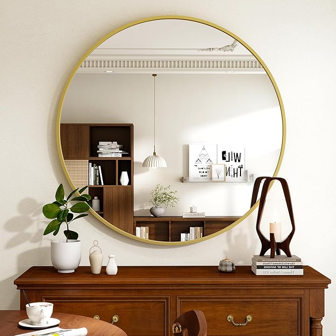 40 Inch Round Mirror - Circle Mirrors for Bathroom, Entryway and Living Room Wall Decor, Modern Hanging Vanity Mirror, Matte Gold Circle Decorative Wall Mirror