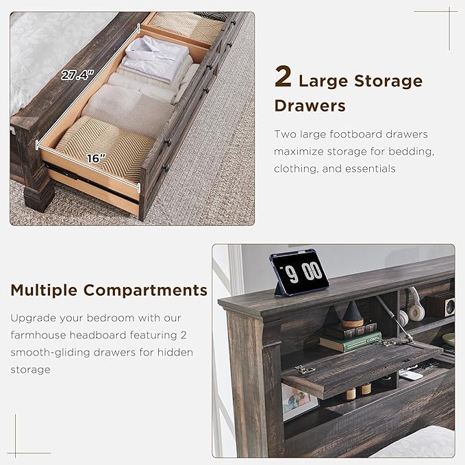 Farmhouse Queen Size Bed Frame with 54" Tall Headboard, Headboard with 4 Storage Rack, 2 Drawers, 18" Roman Column Decoration Footboard, Wood Platform Bed Frame, No Box Spring Needed(Dark Rustic Oak)