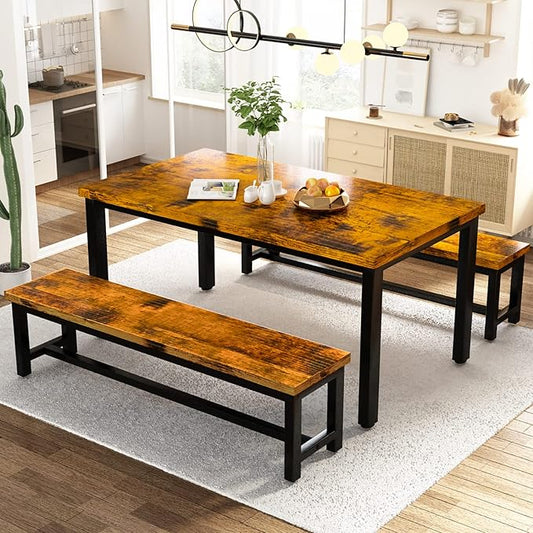 AWQM Dining Room Table Set, Kitchen Set with 2 Benches, Ideal for Home, and Room, Breakfast of 43.3x23.6x28.5 inches, Benches 38.5x11.8x17.5 Industrial Brown (A006-11F2-L)