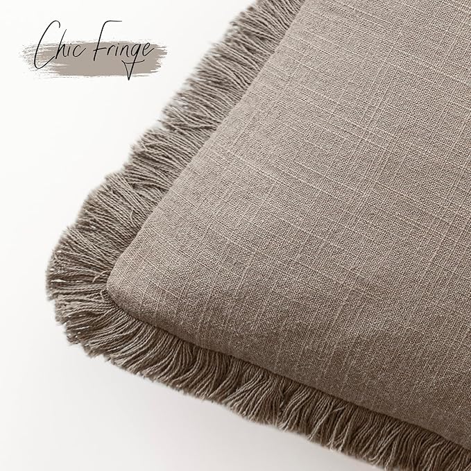 Foindtower Set of 2 Decorative Linen Fringe Throw Pillow Covers Boho Farmhouse Cushion Cover with Tassels Soft Accent Pillowcase for Couch Chair Sofa Bed Living Room Home Decor,20×20 Inch,Brown Tan