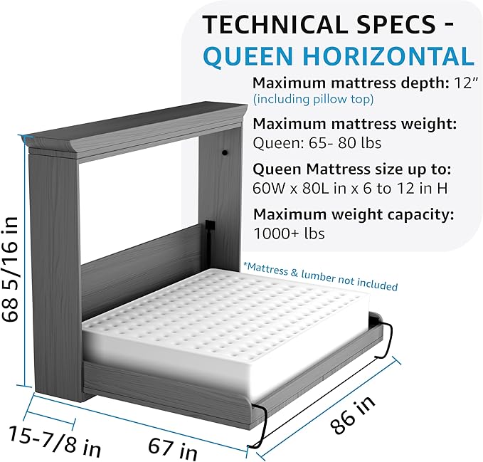Create-A-Bed Queen Size Deluxe Murphy Bed Kit, Horizontal