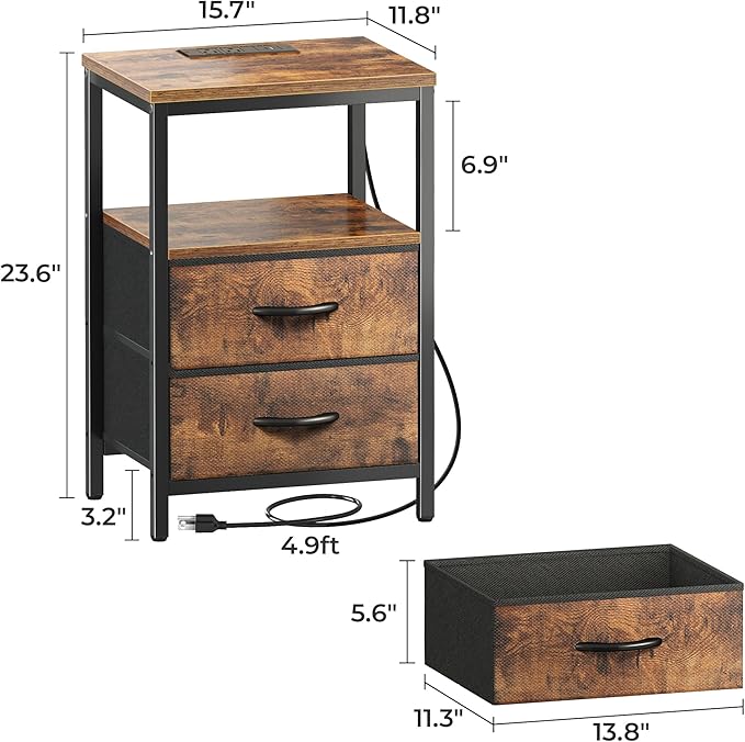 Huuger Nightstand with Charging Station, Fabric Drawers, End Table with Open Shelf, Bedside Table with USB Ports and Outlets, Night Stand for Bedroom, Rustic Brown