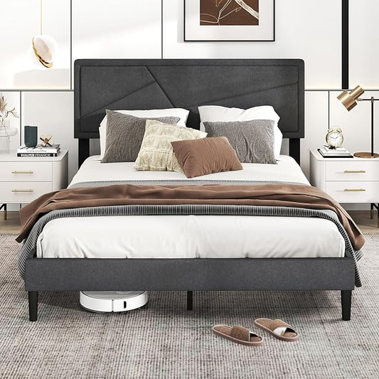 Giantex Queen Platform Bed Frame, Modern Upholstered Bed Frame with Geometric Tufting Headboard, Wooden Slats Support, No Box Spring Needed, Gray