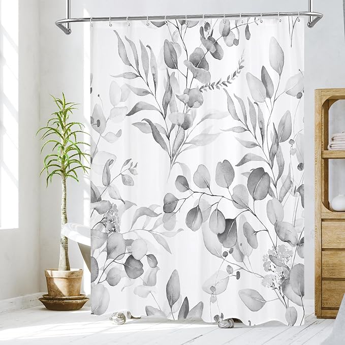 MitoVilla Grey Spring Floral Shower Curtain, Modern Plants Botanical Fabric Cloth Shower Curtains for Chic Elegant Bathroom Decor, Summer Watercolor Eucalyptus Leaf, 72x72