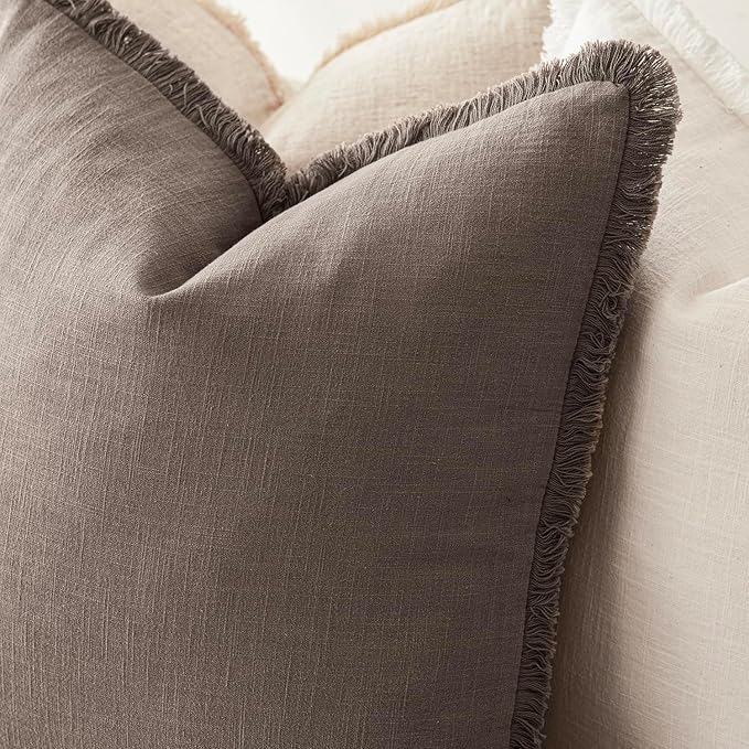 Foindtower Set of 2 Decorative Linen Fringe Lumbar Throw Pillow Covers Boho Farmhouse Cushion Cover with Tassels Accent Pillowcase for Couch Sofa Bed Living Room Home Decor,12×20 Inch,Light Coffee