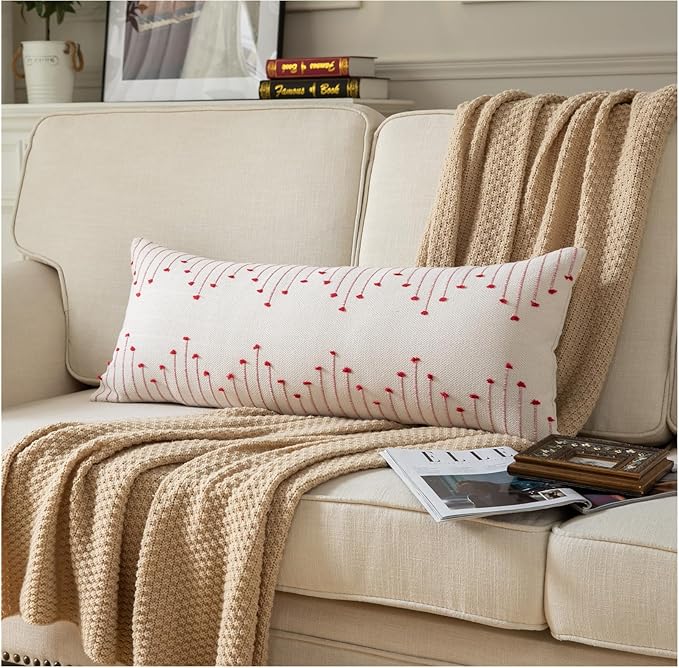 Christmas Lumbar Pillow Cover 14x36 Long Pack of 1 Decorative Pillows Bed, Beige with Red Body Throw Pillow Covers, for Modern Farmhouse Sofa Bedroom Living Room Home Decor Couch Pillowcase