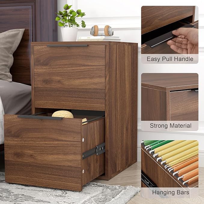 Wood File Cabinets 2 Drawers File Cabinet with Hanging Bar for Letter Size/Hanging Files, Small Wooden File Cabinets for Home Office, Dark Walnut