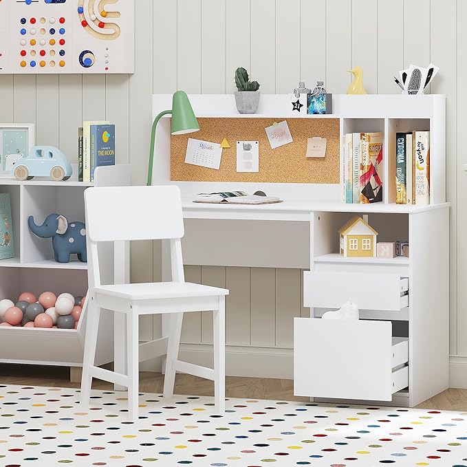 Spirich Kids Desk and Chair Sets, Kids Study Desk Set with Hutch and Storage, Children Wooden Study Table for 5-12 Years Old, Student Writing Table Computer Workstation