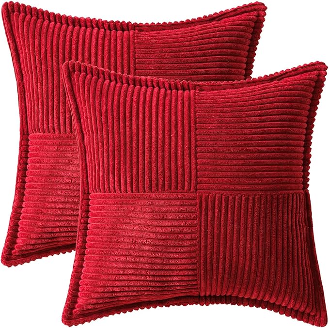 MIULEE Christmas Decorative Throw Pillow Covers for Couch Bed Livingroom 18x18 Inch Set of 2 Red Boho Accent Throw Pllows Broadside Striped Patchwork Soft Corduroy Pillowcases