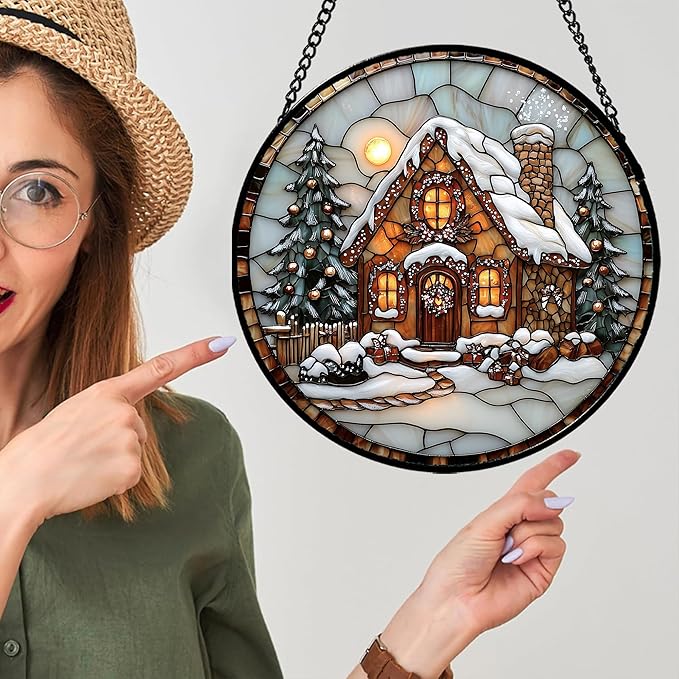Stained Glass Window Hanging - Christmas Tree Cottage Sun Catcher for Door Garden Home Winter Decor Snowy Night Suncatcher Mother's Day Birthday Gifts for Women Men Mom Nana 15 in
