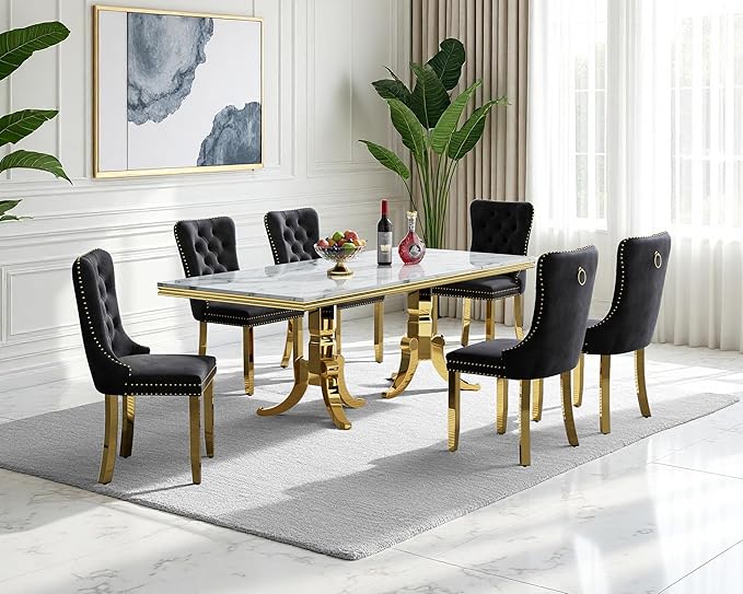 70" Faux Marble Dining Table Set for 6, 7-Piece Dining Set with White Gold Kitchen Table and 6 Velvet Tufted Chairs, Modern Rectangular Dining Room Table with American-Shape Stainless Steel Base