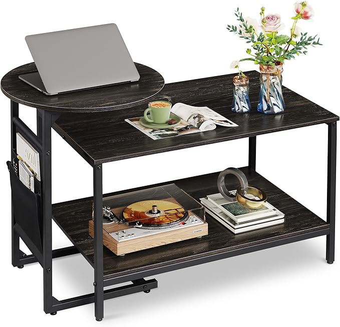 WLIVE Coffee Table, 31.3" and 18.7" Small Coffee Tables for Living Room, Modern Center Table and Side Table Set with Storage Side Pouch for Bedroom, Apartment, Charcoal Black