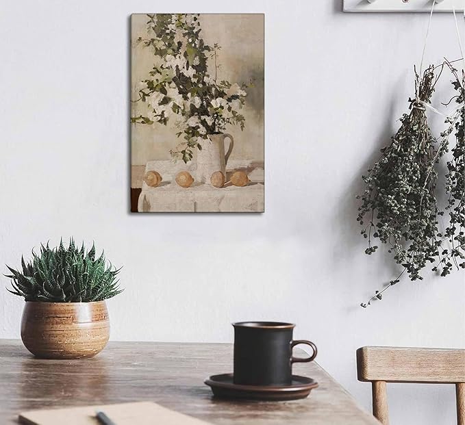 Farmhouse Kitchen Canvas Wall Art Vintage Country Neutral Rustic Muted Flower and Lemon Still Life Painting Picture Wall Decor Poster Print Artwork for Farm Dining Room Home Decoration