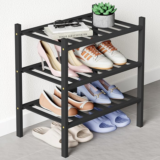 Smiry Bamboo Shoe Rack for Closet, 3 Tier Small Wooden Stackable Shoe Organizer, Free Standing Shoes Storage Shelf for Entryway, Front Door Entrance, Black