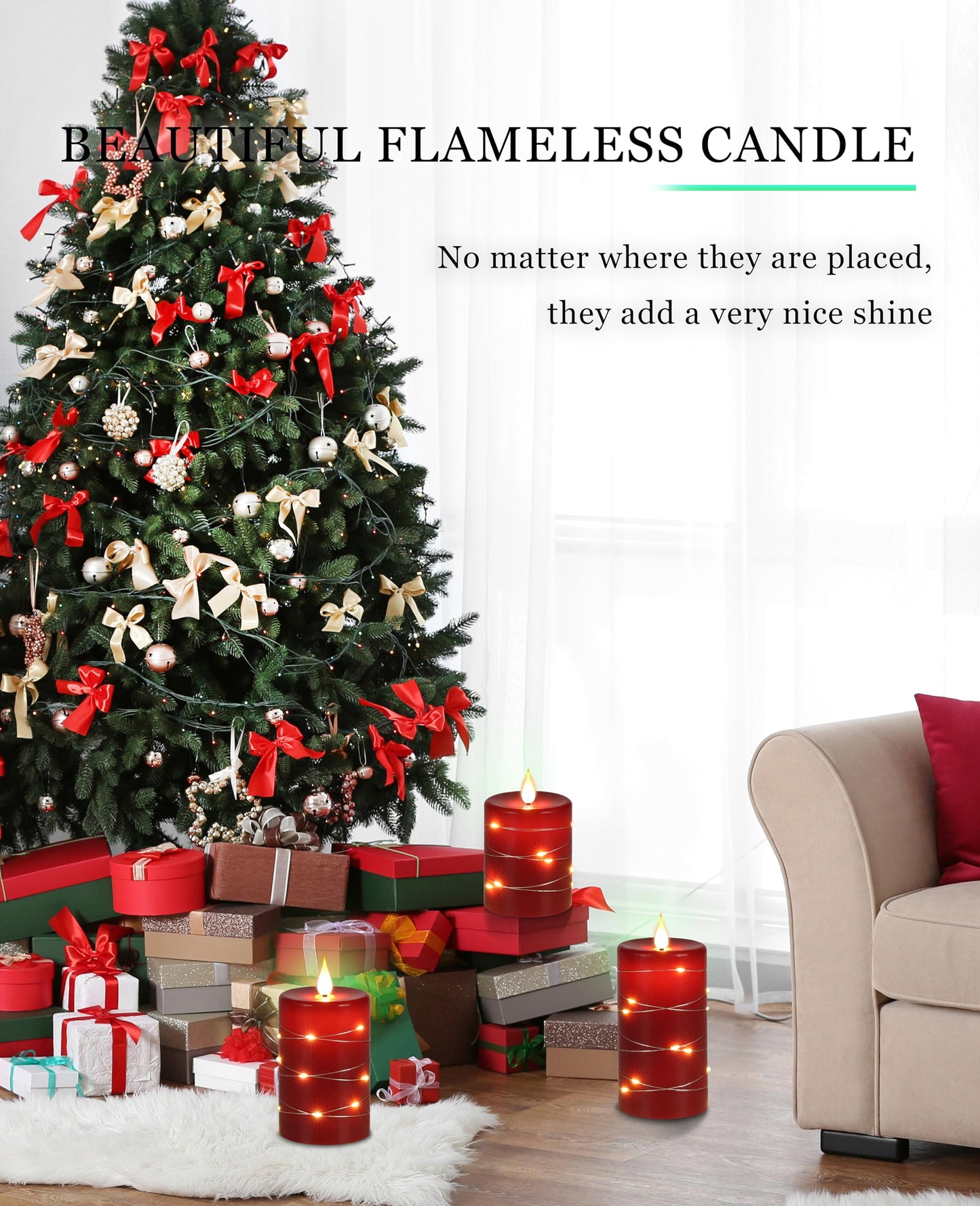 Fanzir Red flameless Candles with Remote Control Timer Battery Operated LED Pillar Candles 4‘’ 5‘’ 6‘’ Fake Candles with String Lights Set of 3 for Christmas or Special Festivals Decorations
