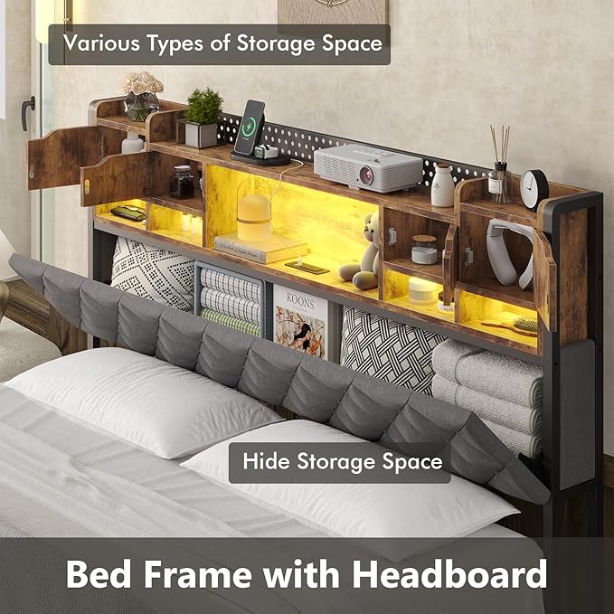 Queen Bed Frame with Upholstered Headboard, Bed Frame Queen Size with Hidden Storage,3-Tier Storage Shelves, LED Lights and Charging Station, Queen Bed with Noise-Free,Gray